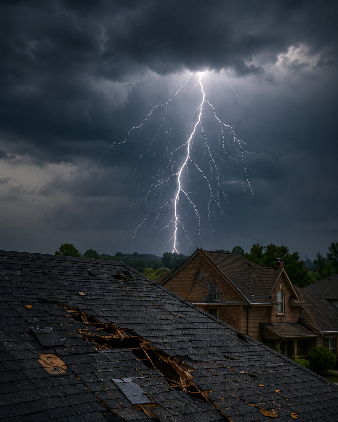 Storm and lightning over a roof