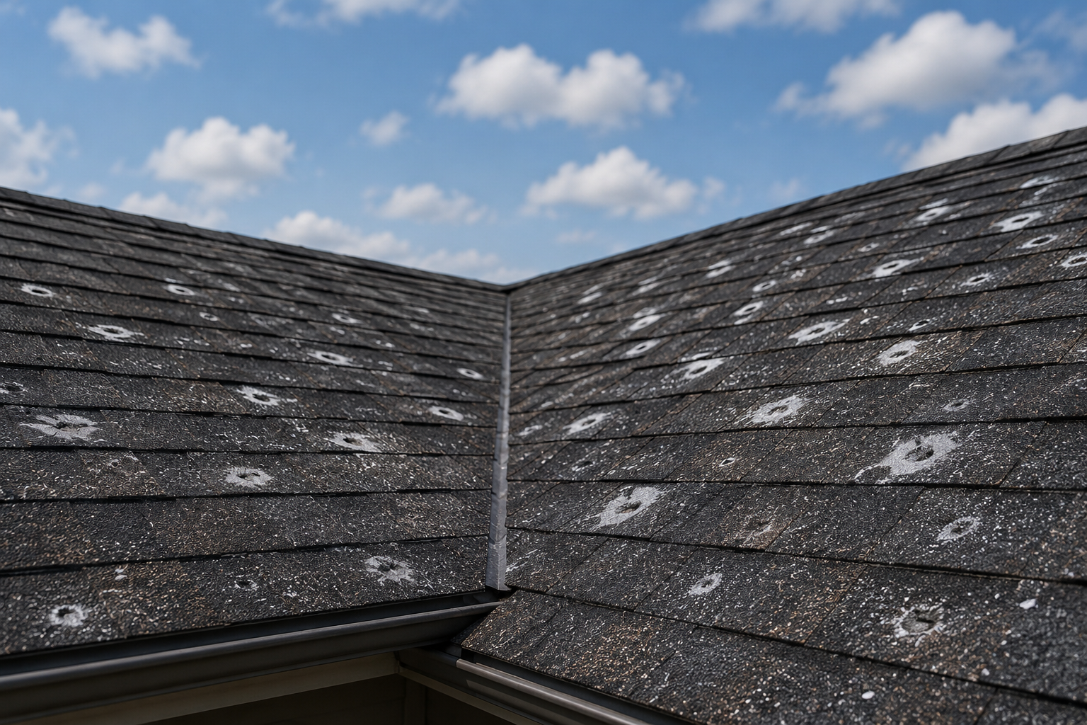 Close-up of hail damaged roof shingles