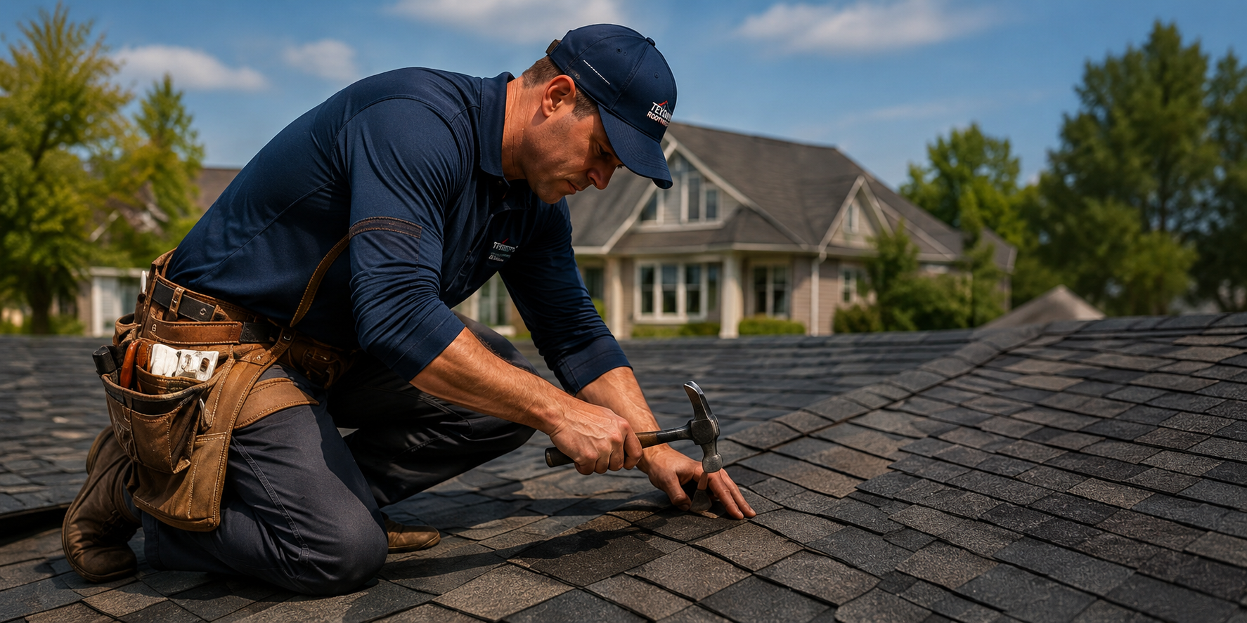 Roofing professional working on roof
