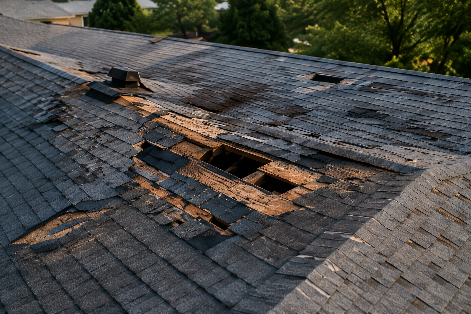 Damaged roof requiring insurance claim