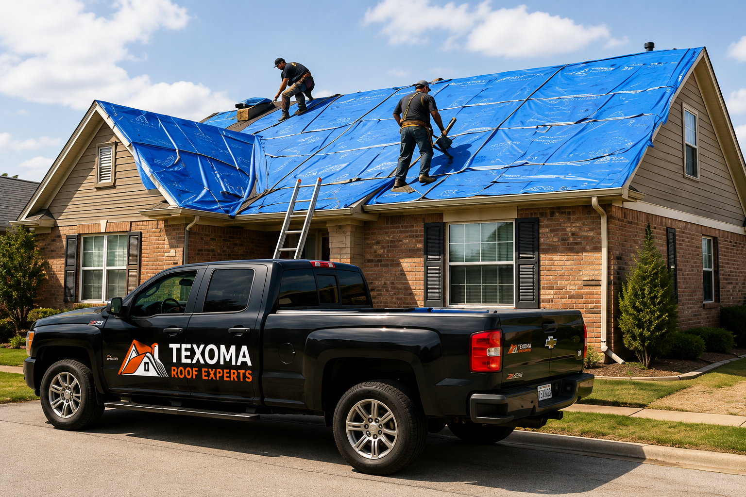 Roofing crew installing tarp with company truck