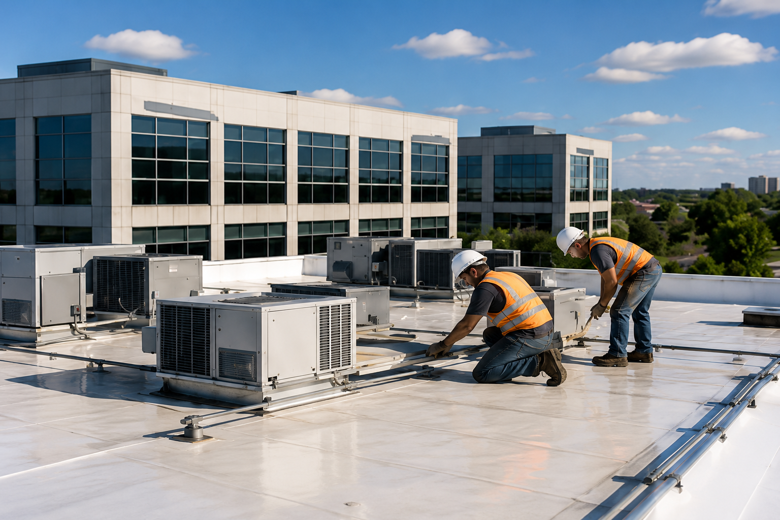 Commercial roofing crew working on flat roof of office building