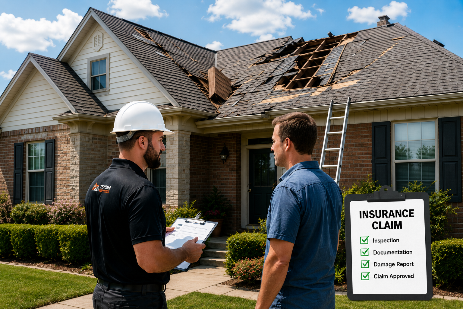 Roofer discussing insurance claim with homeowner