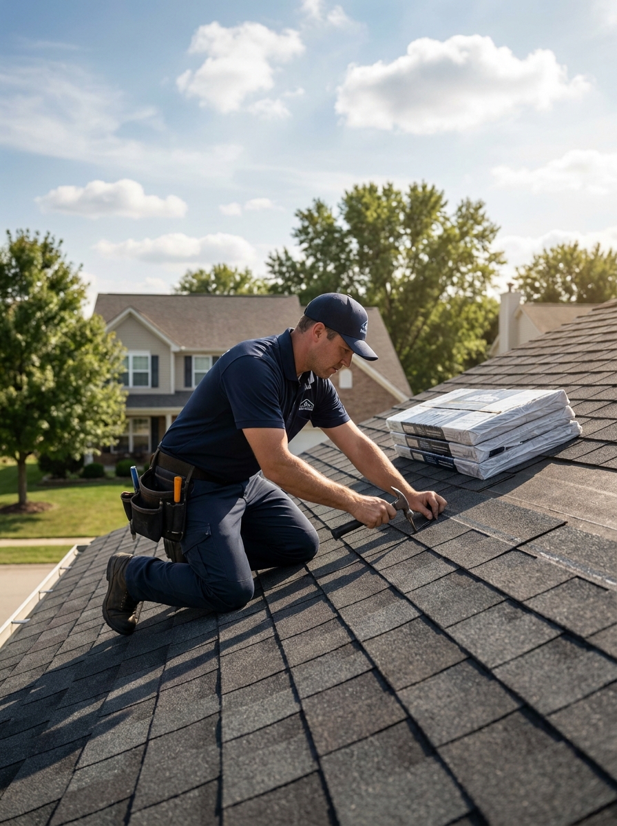 Roofer installing shingles on roof in Wichita Falls, TX
