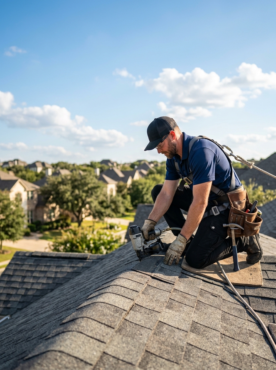 Roofer hammering shingles during roof repair in Wichita Falls TX
