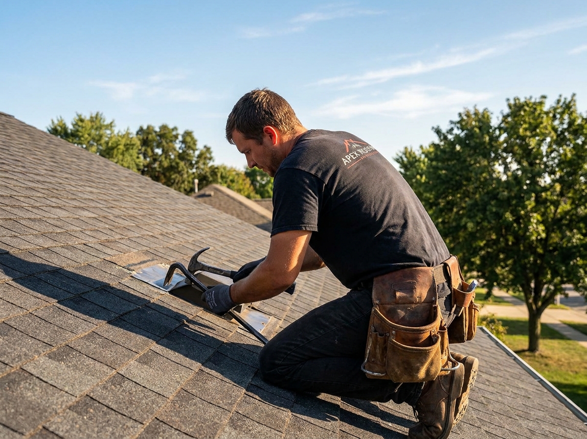 Roof leak repair technician working on shingles