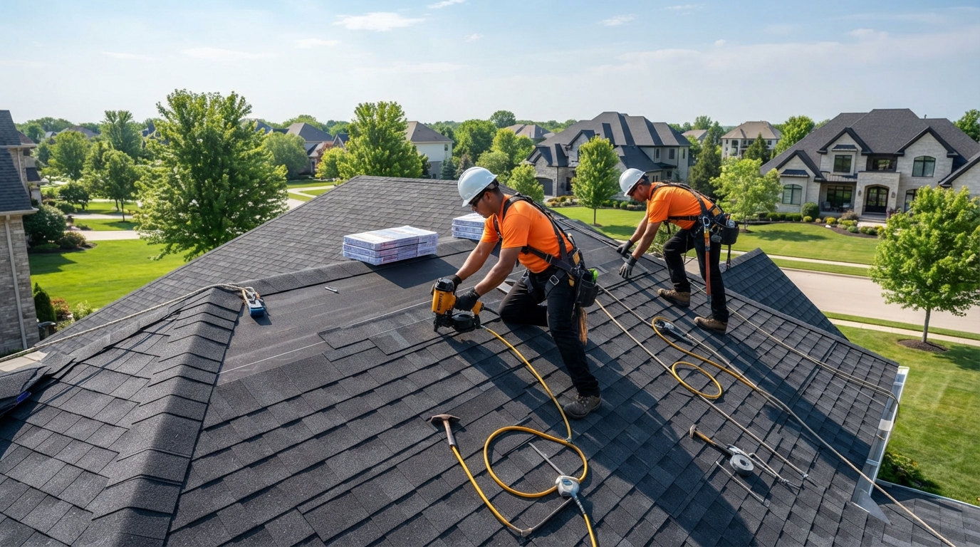 Roofers installing shingles