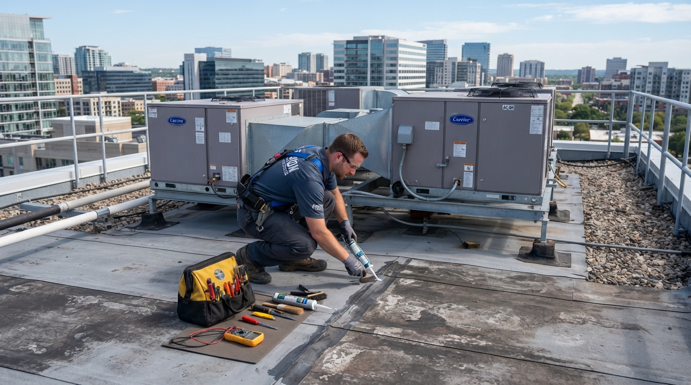 Roofing technician performing commercial roof maintenance