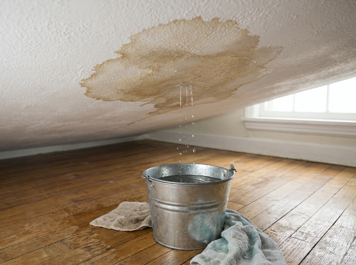 Water stain dripping from ceiling into bucket